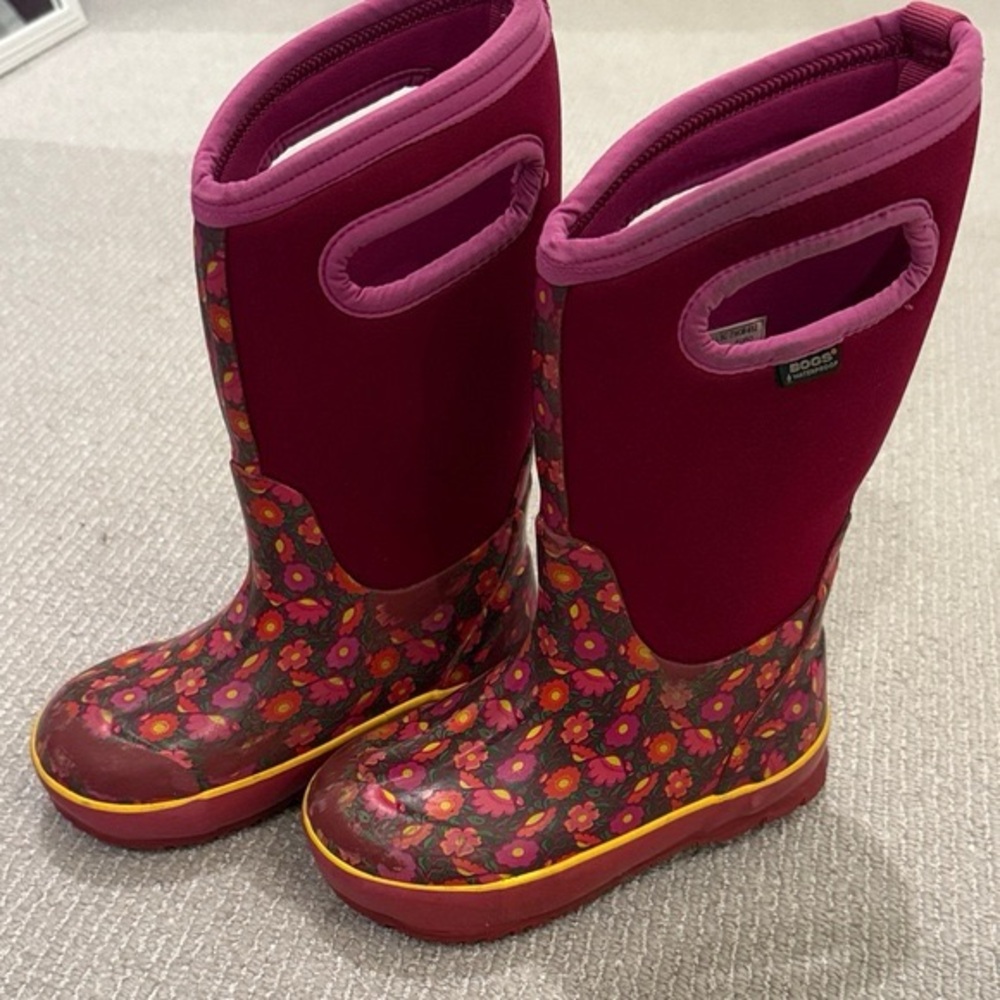 Bogs Kids Tall Floral Rain Boots - Magenta & Yellow Accents